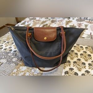 Longchamp Le Pliage Tote Graphite with Brown Trim